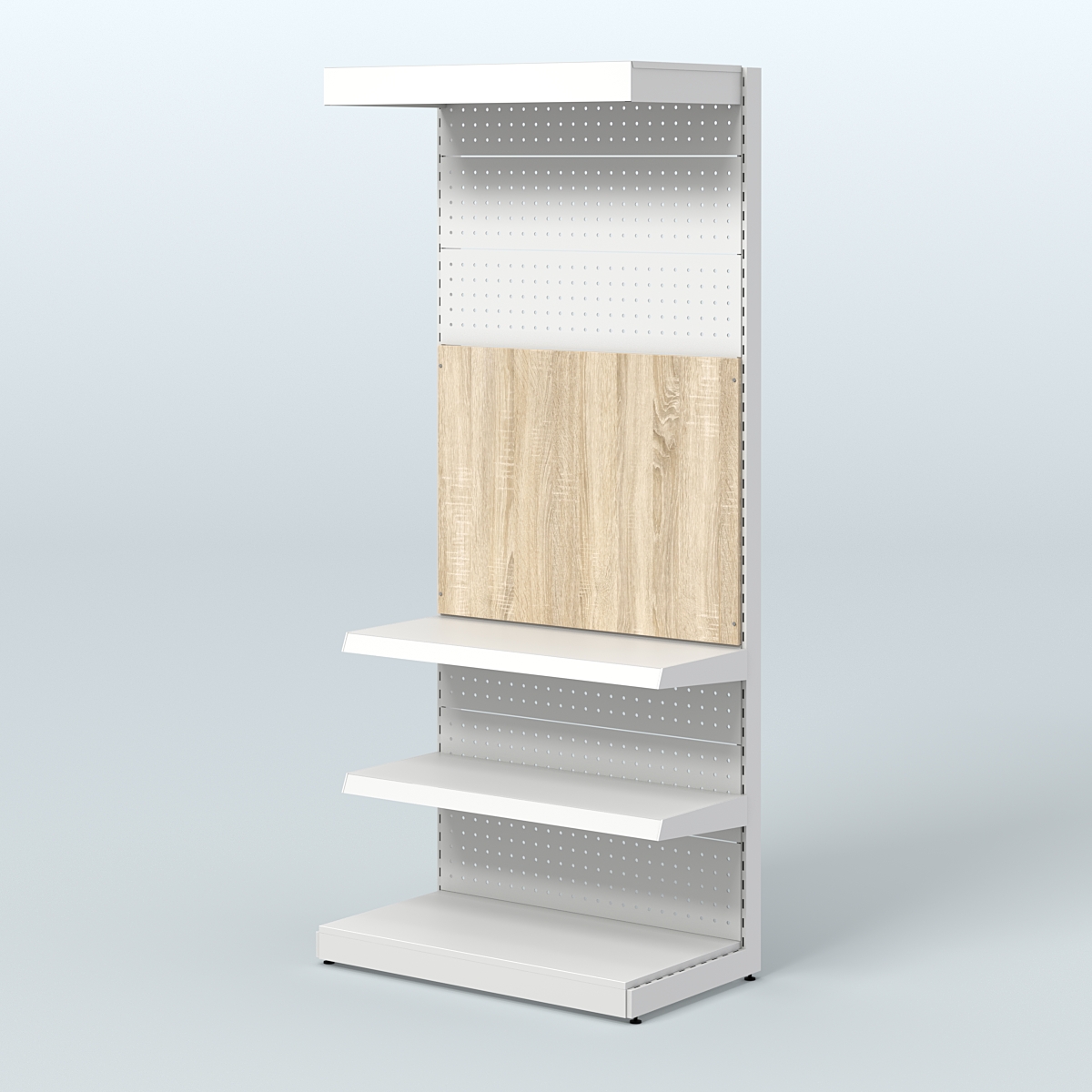 Высокий металлический стеллаж под врезные краны с полками и фризом в магазин разливного пива и рыбы BEER&FISH-МС-2400-2 Дуб сонома