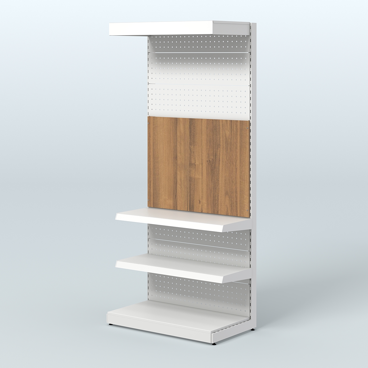 Высокий металлический стеллаж под врезные краны с полками и фризом в магазин разливного пива и рыбы BEER&FISH-МС-2400-2 Орех