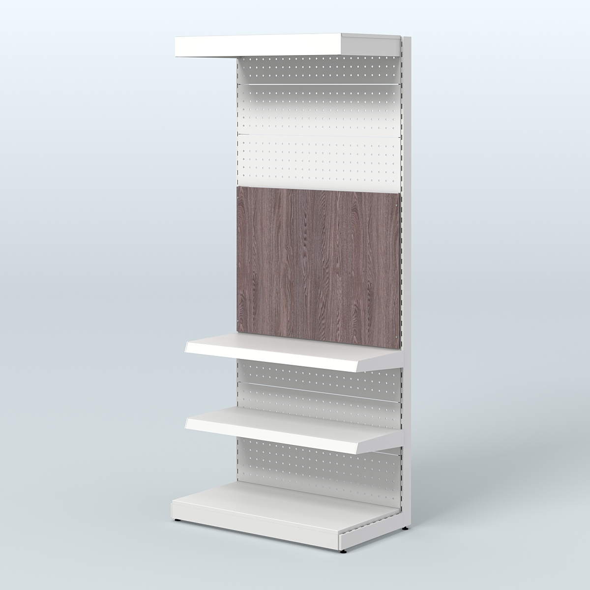 Высокий металлический стеллаж под врезные краны с полками и фризом в магазин разливного пива и рыбы BEER&FISH-МС-2400-2 Ясень Анкор темный