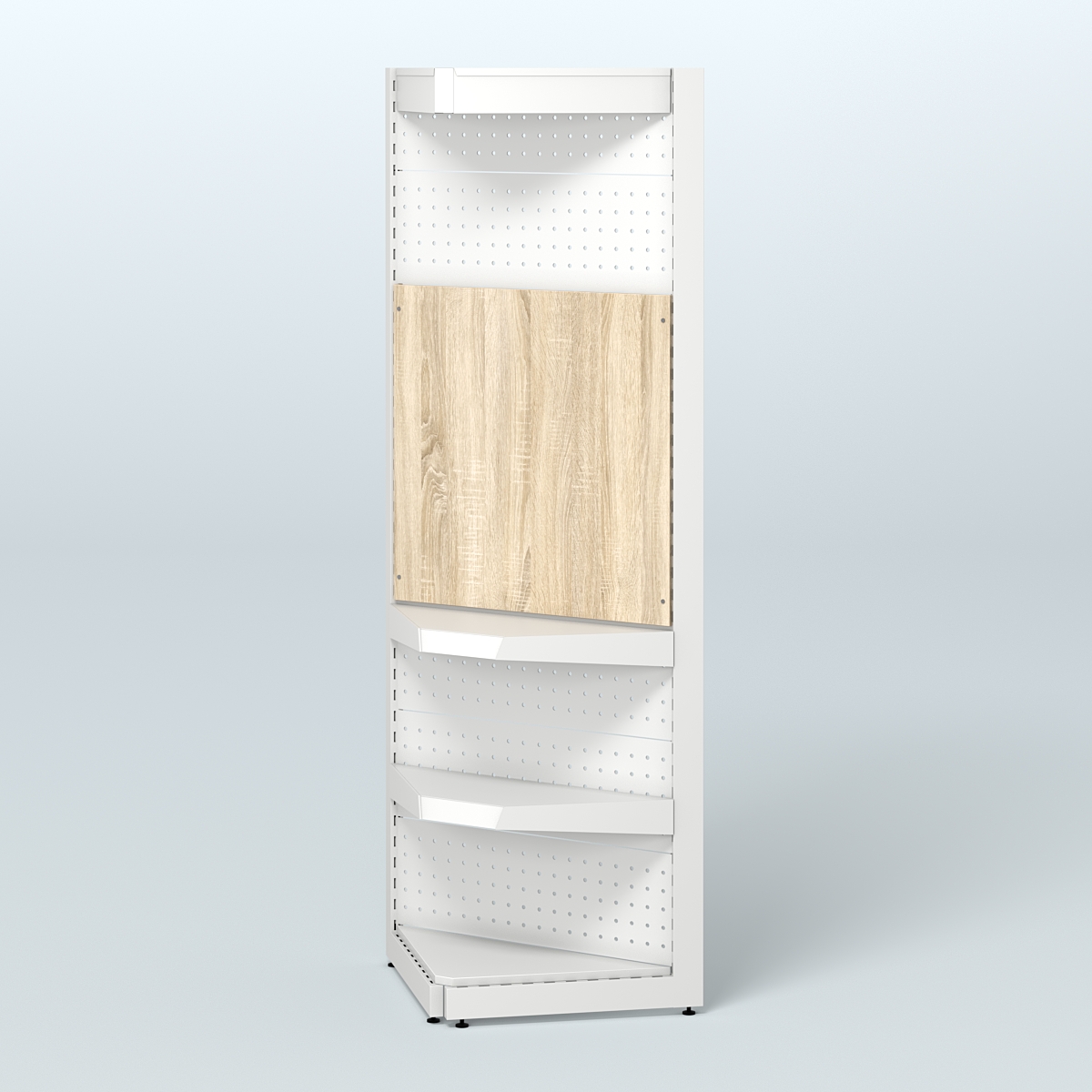 Угловой металлический стеллаж под врезные краны с верхним фризом для магазина разливного пива и рыбы BEER&FISH-УМС-2150-2 Дуб Сонома