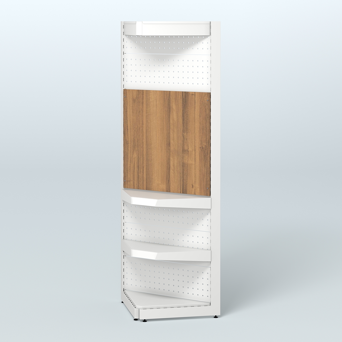 Угловой металлический стеллаж под врезные краны с верхним фризом для магазина разливного пива и рыбы BEER&FISH-УМС-2150-2 Орех