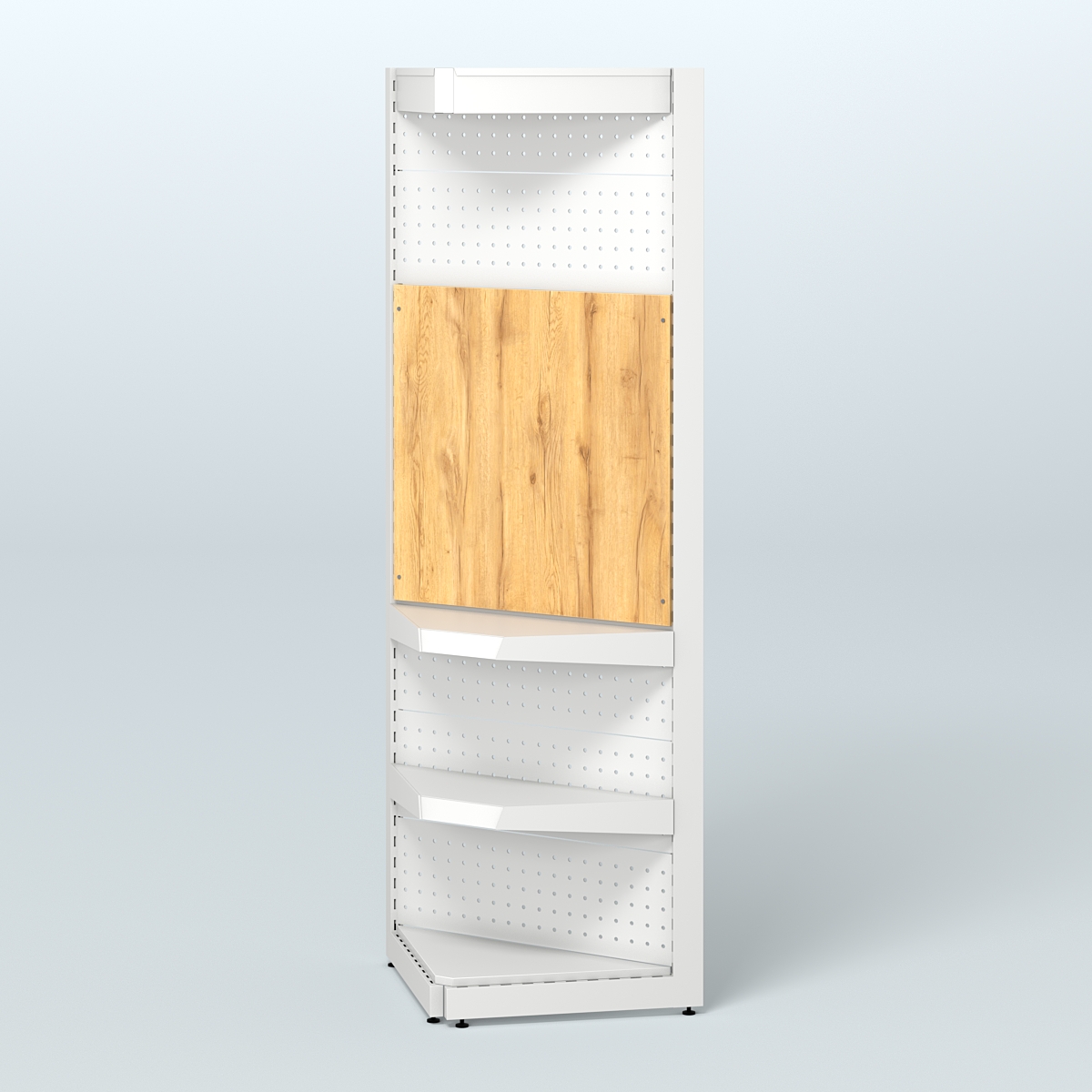 Угловой металлический стеллаж под врезные краны с верхним фризом для магазина разливного пива и рыбы BEER&FISH-УМС-2150-2 Дуб Золотистый