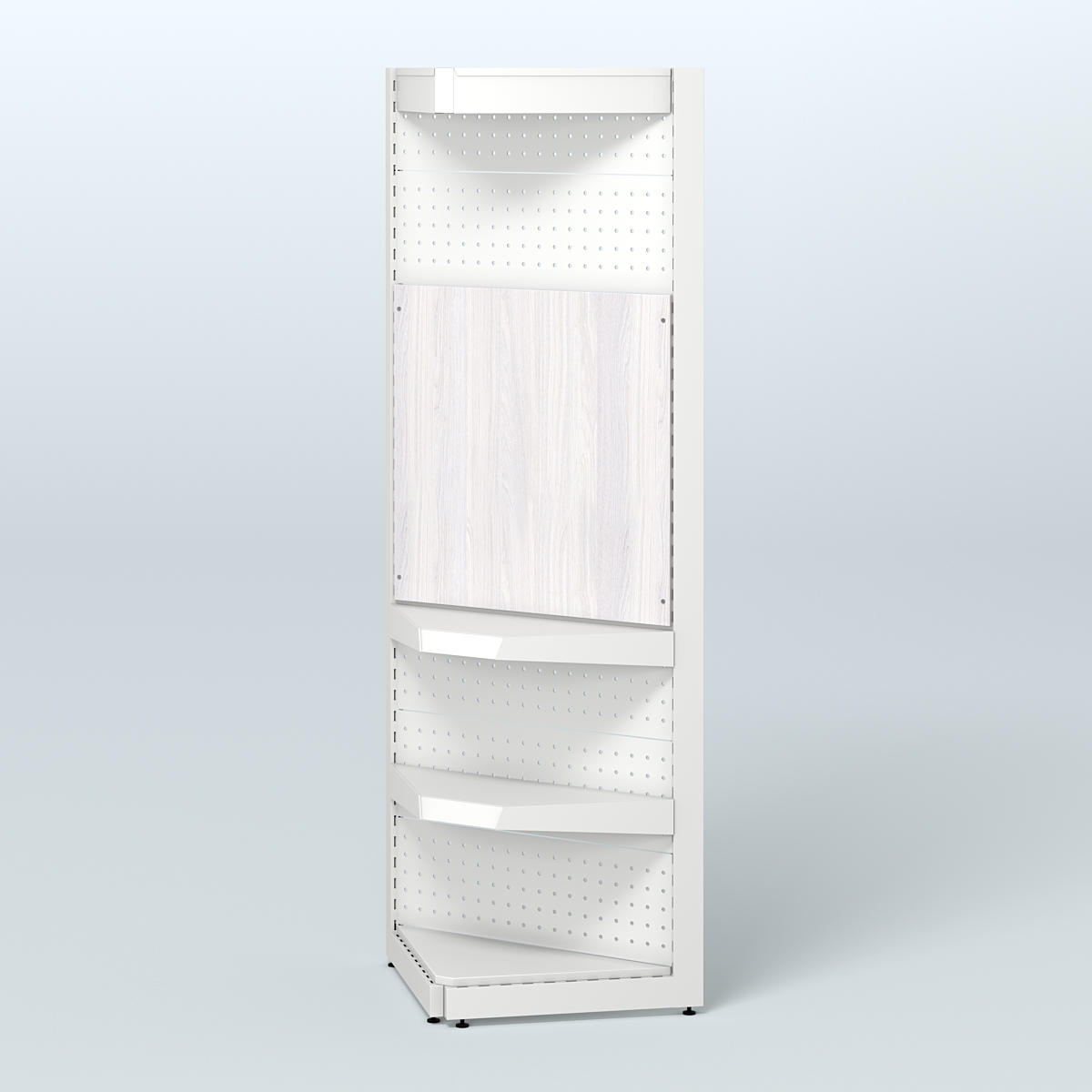 Угловой металлический стеллаж под врезные краны с верхним фризом для магазина разливного пива и рыбы BEER&FISH-УМС-2150-2 Ясень Анкор светлый