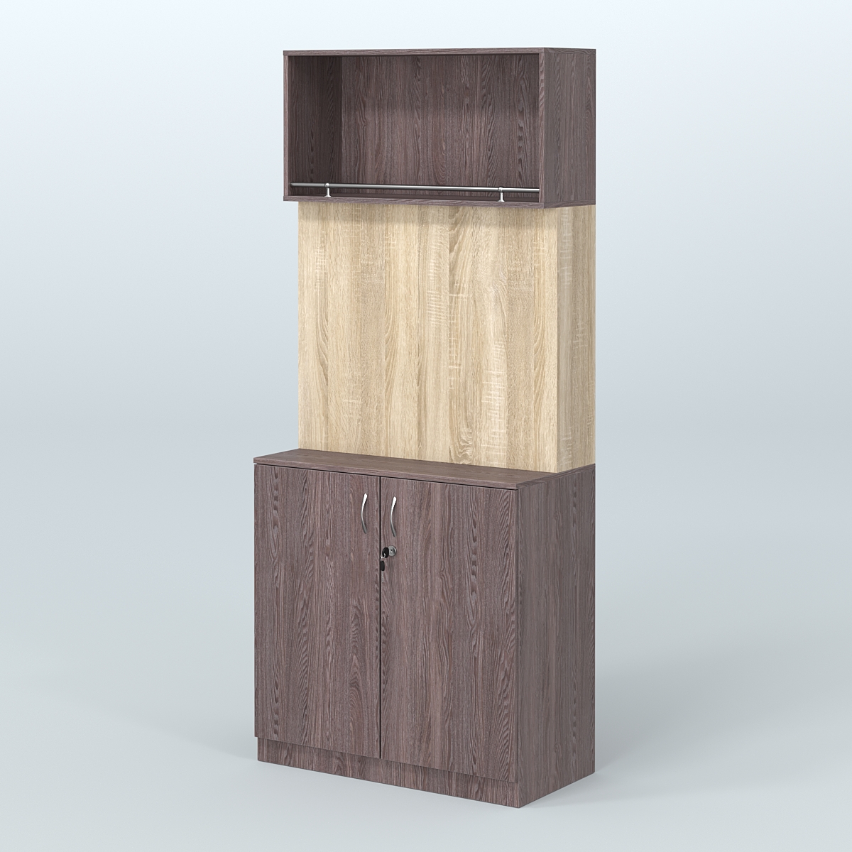 Специализи- рованный стеллаж с дверками из ДСП под врезные краны в магазин разливного пива и рыбы BEER&FISH-СПД-02 Ясень Анкор темный и Дуб Сонома