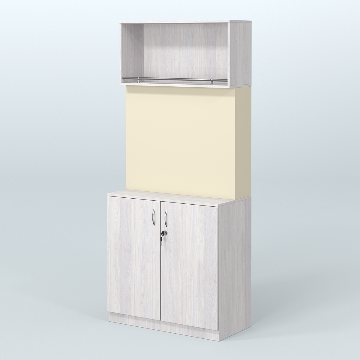 Специализи- рованный стеллаж с дверками из ДСП под врезные краны в магазин разливного пива и рыбы BEER&FISH-СПД-02 Ясень Анкор светлый и Крем Вайс