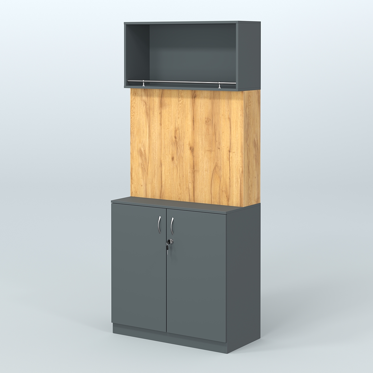 Специализи- рованный стеллаж с дверками из ДСП под врезные краны в магазин разливного пива и рыбы BEER&FISH-СПД-02 Темно-Серый  + Дуб Золотистый