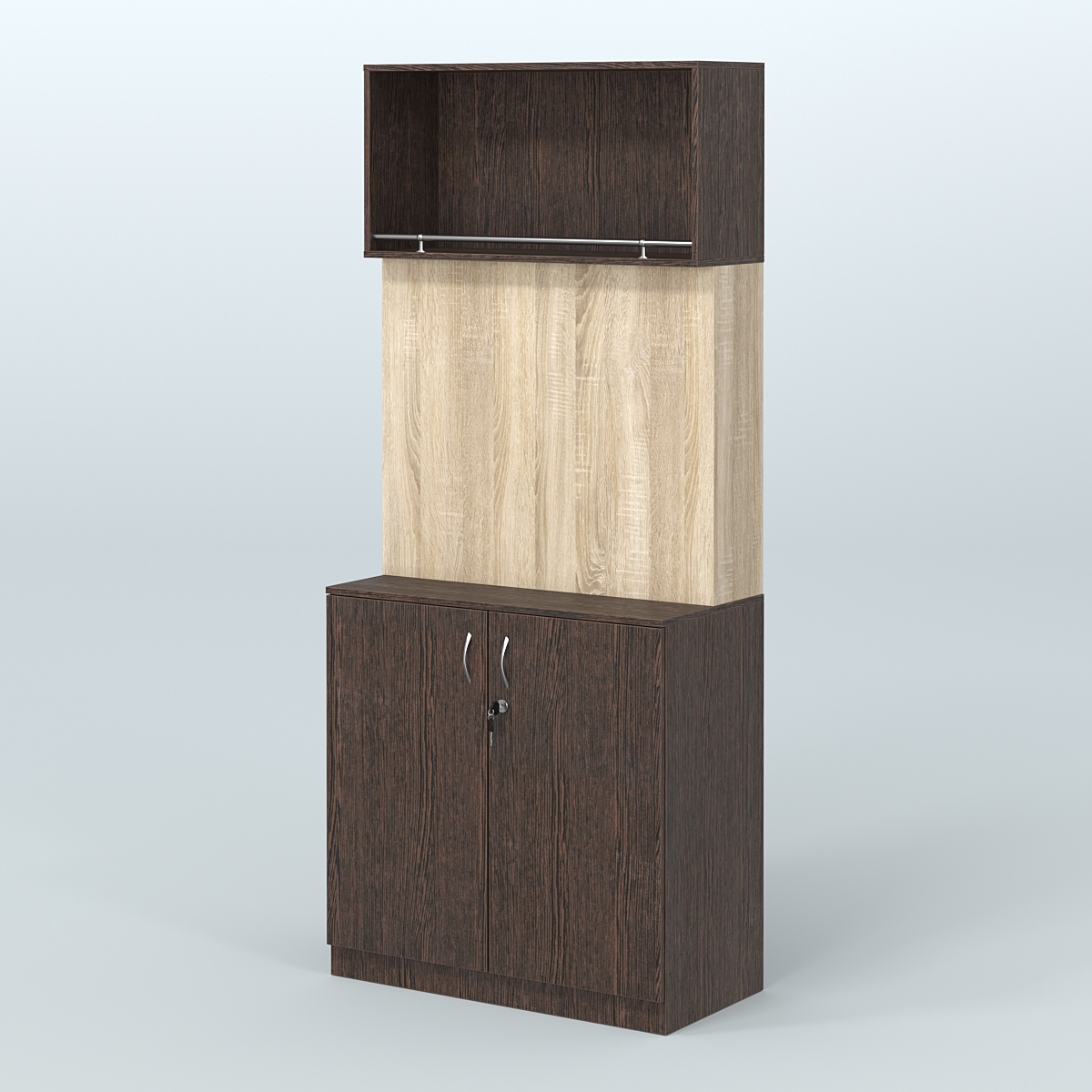 Специализи- рованный стеллаж с дверками из ДСП под врезные краны в магазин разливного пива и рыбы BEER&FISH-СПД-02 Дуб Венге + Дуб Сонома