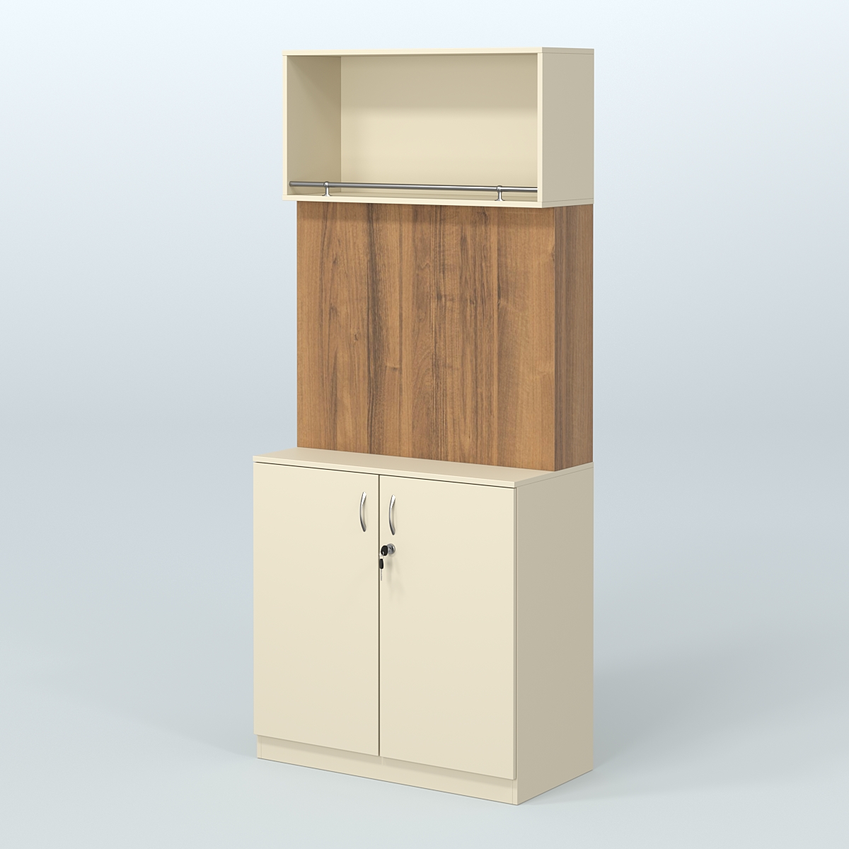 Специализи- рованный стеллаж с дверками из ДСП под врезные краны в магазин разливного пива и рыбы BEER&FISH-СПД-02 Крем Вайс + Орех