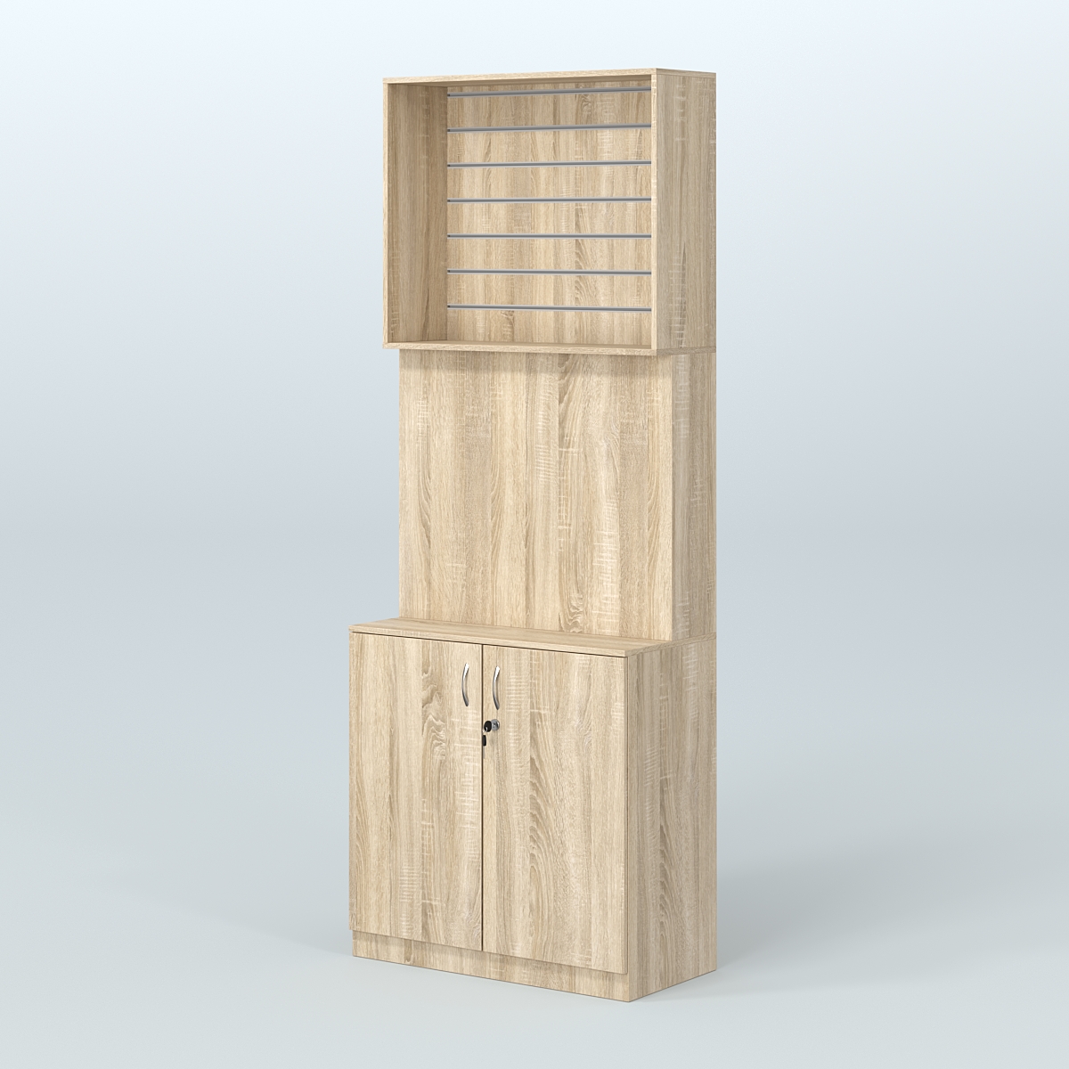 Высокий специализи- рованный стеллаж из ДСП с панелью под врезные краны и закрытым накопителем для магазина разливного пива и рыбы BEER&FISH-СПД-06 Дуб сонома