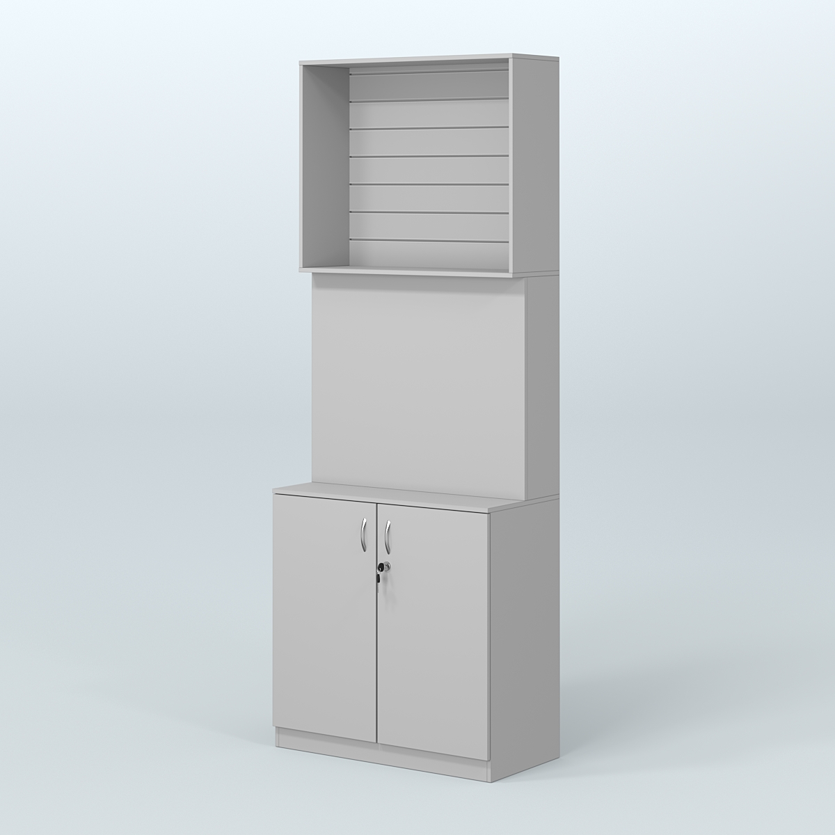 Высокий специализи- рованный стеллаж из ДСП с панелью под врезные краны и закрытым накопителем для магазина разливного пива и рыбы BEER&FISH-СПД-06 Серый