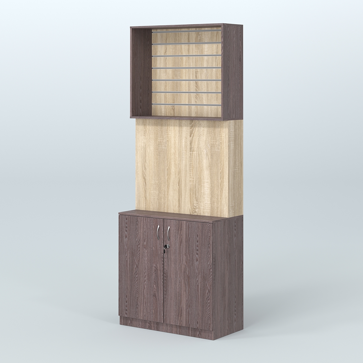 Высокий специализи- рованный стеллаж из ДСП с панелью под врезные краны и закрытым накопителем для магазина разливного пива и рыбы BEER&FISH-СПД-06 Ясень Анкор темный и Дуб Сонома