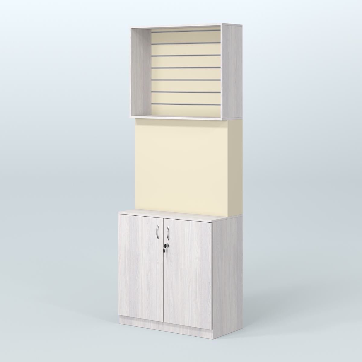 Высокий специализи- рованный стеллаж из ДСП с панелью под врезные краны и закрытым накопителем для магазина разливного пива и рыбы BEER&FISH-СПД-06 Ясень Анкор светлый и Крем Вайс