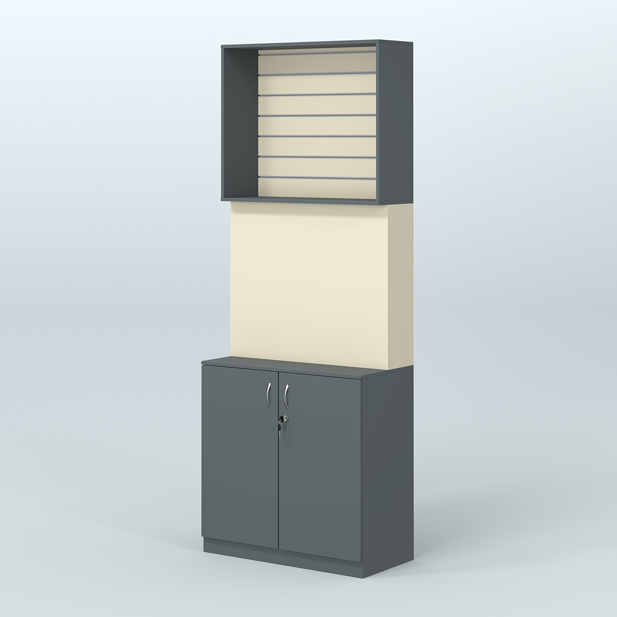 Высокий специализи- рованный стеллаж из ДСП с панелью под врезные краны и закрытым накопителем для магазина разливного пива и рыбы BEER&FISH-СПД-06 Темно-серый и Крем Вайс U2601-U2236