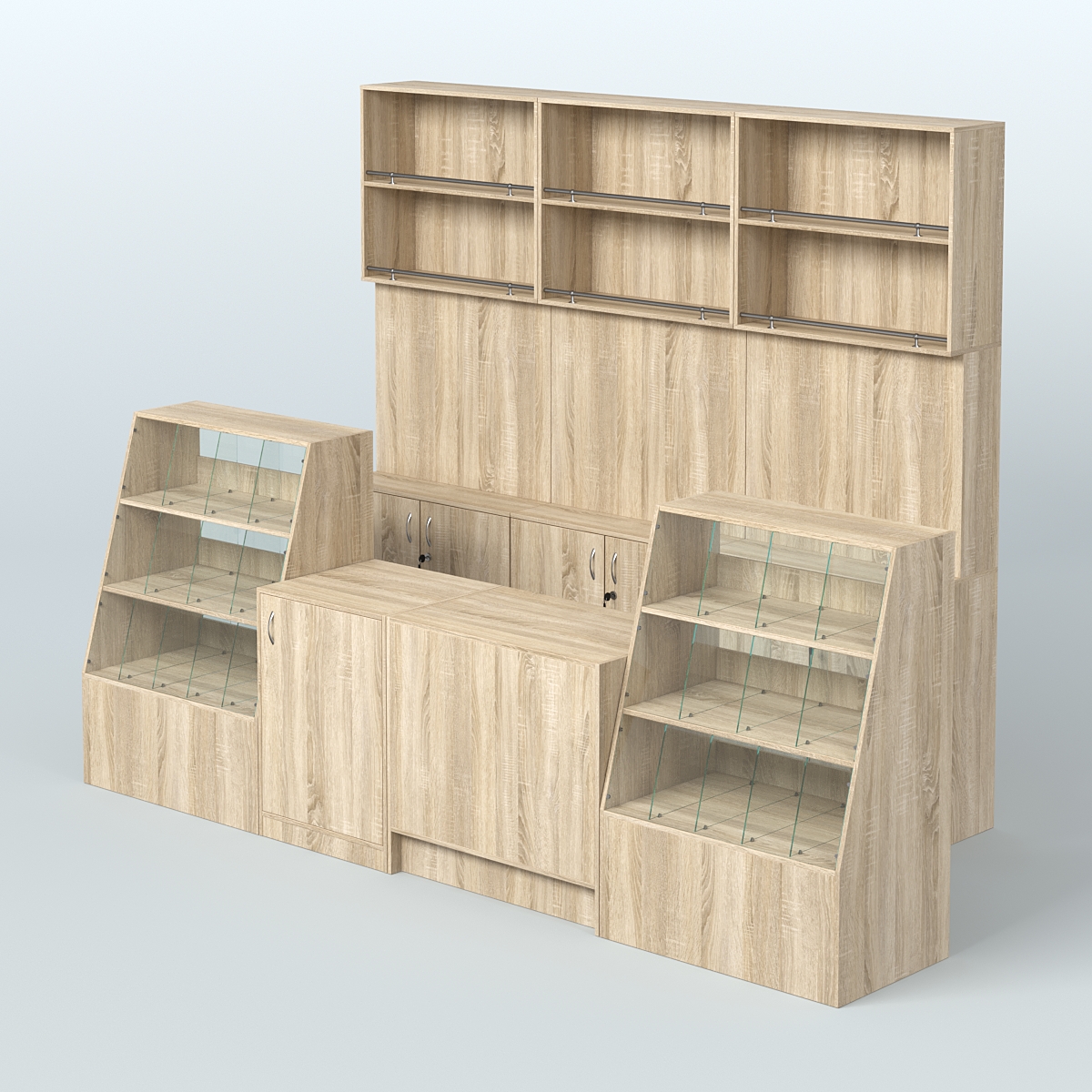 Комплект торговой мебели с высокими стеллажами из ДСП для магазина разливного пива и рыбы BEER&FISH-КТМП-Д02 Дуб сонома