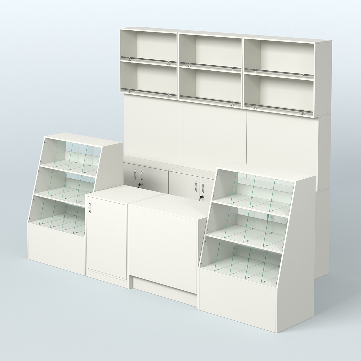 Комплект торговой мебели с высокими стеллажами из ДСП для магазина разливного пива и рыбы BEER&FISH-КТМП-Д02 Белый