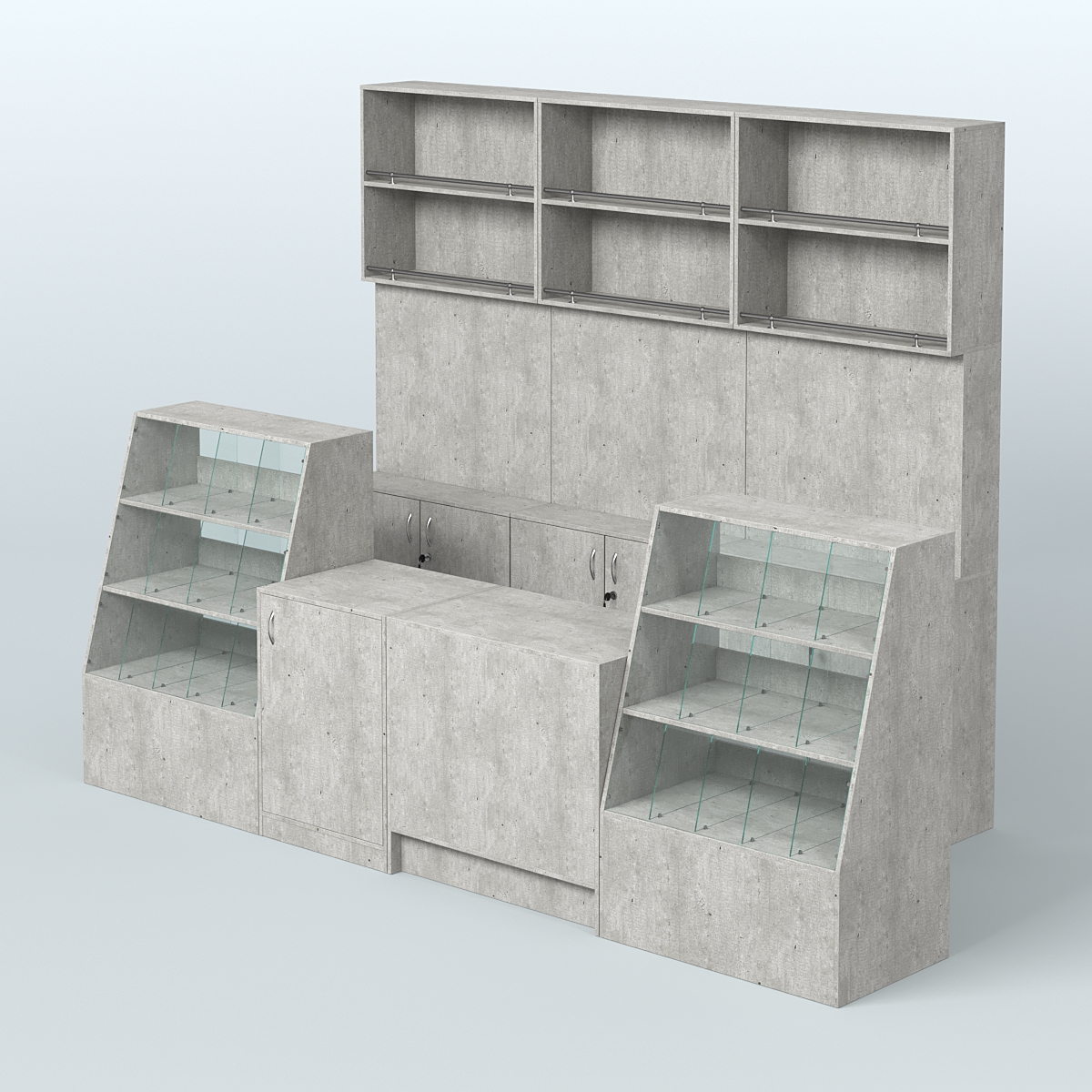 Комплект торговой мебели с высокими стеллажами из ДСП для магазина разливного пива и рыбы BEER&FISH-КТМП-Д02 Метрополитан Грей