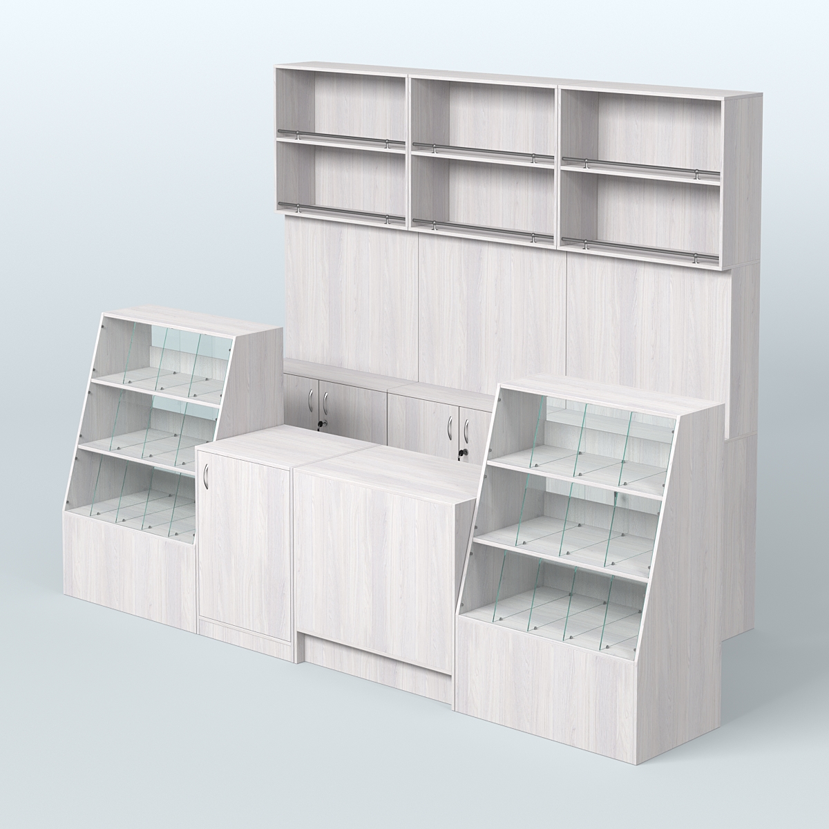 Комплект торговой мебели с высокими стеллажами из ДСП для магазина разливного пива и рыбы BEER&FISH-КТМП-Д02 Ясень Анкор светлый