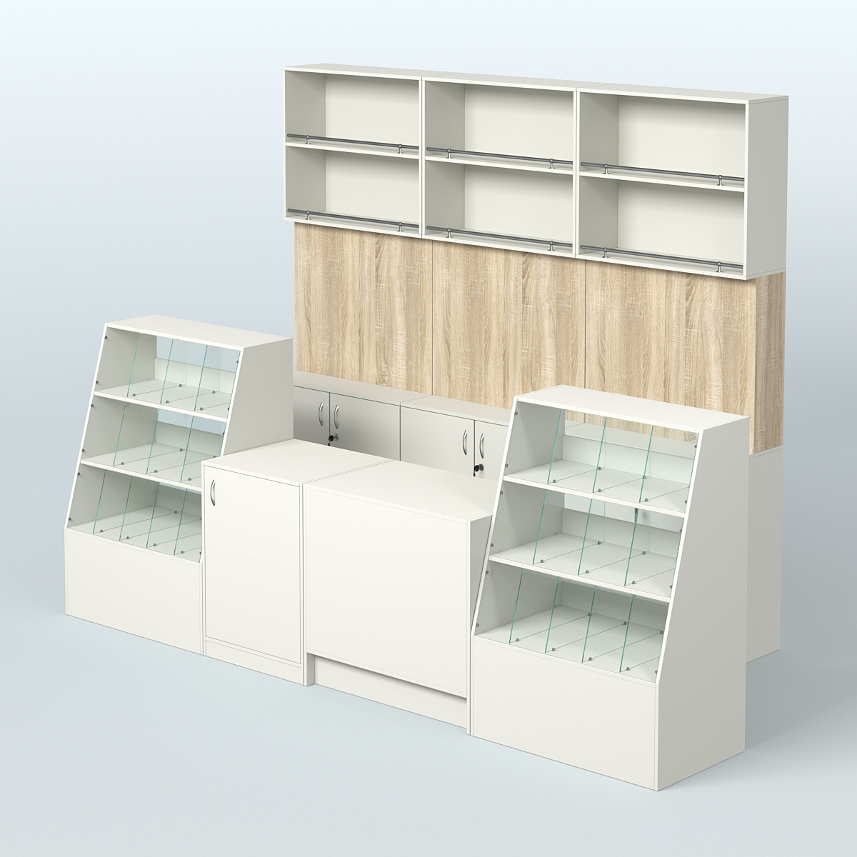 Комплект торговой мебели с высокими стеллажами из ДСП для магазина разливного пива и рыбы BEER&FISH-КТМП-Д02 Белый + Дуб Сонома