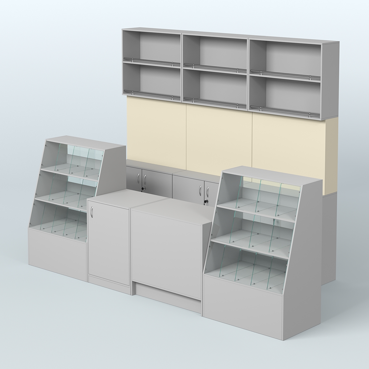 Комплект торговой мебели с высокими стеллажами из ДСП для магазина разливного пива и рыбы BEER&FISH-КТМП-Д02 Серый + Крем Вайс