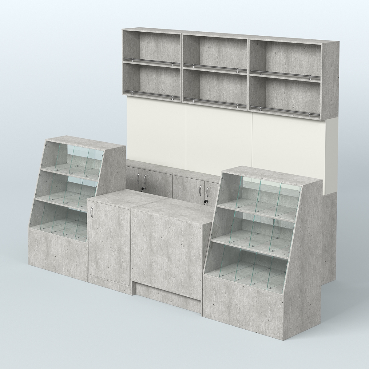 Комплект торговой мебели с высокими стеллажами из ДСП для магазина разливного пива и рыбы BEER&FISH-КТМП-Д02 Метрополитан Грей + Белый