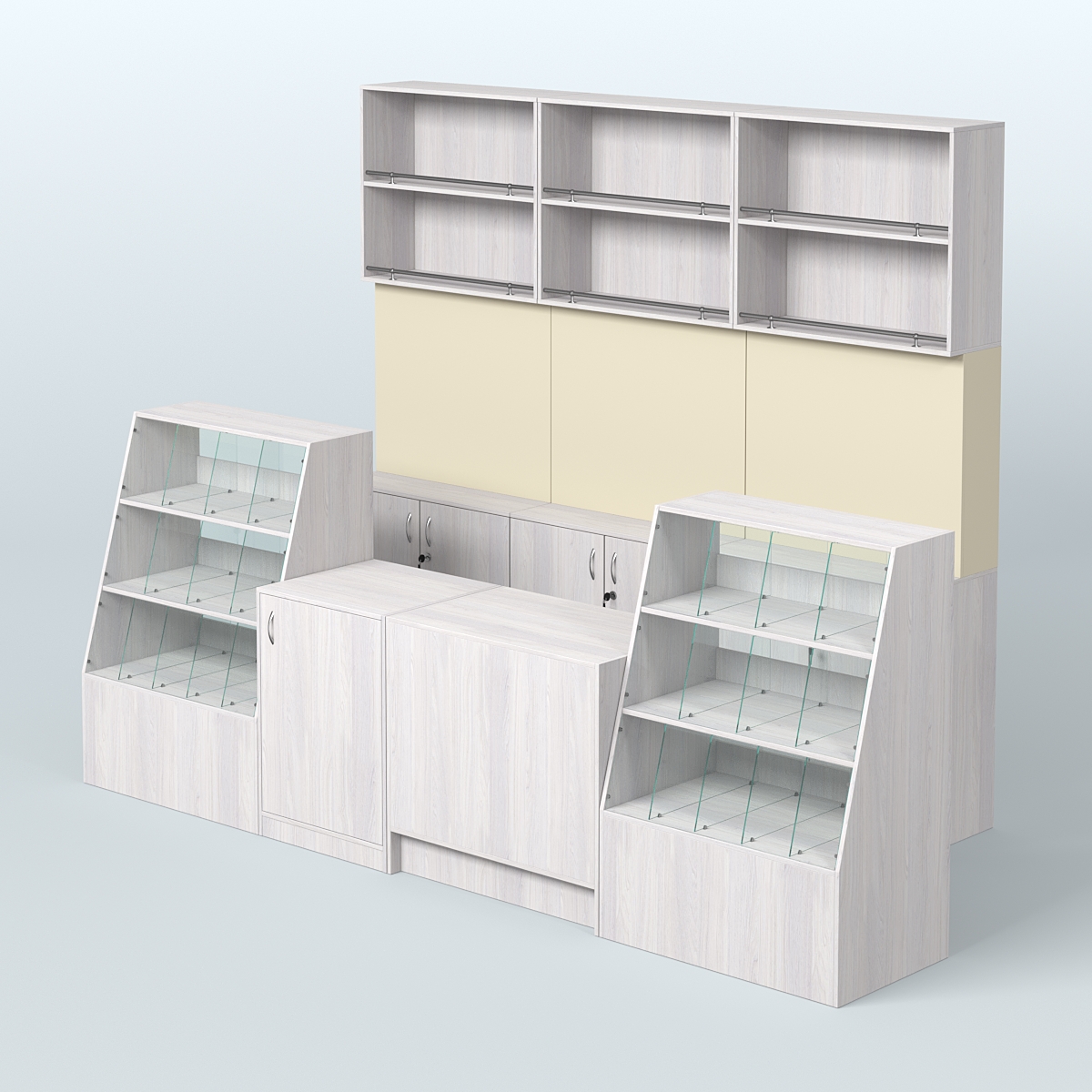 Комплект торговой мебели с высокими стеллажами из ДСП для магазина разливного пива и рыбы BEER&FISH-КТМП-Д02 Ясень Анкор светлый и Крем Вайс