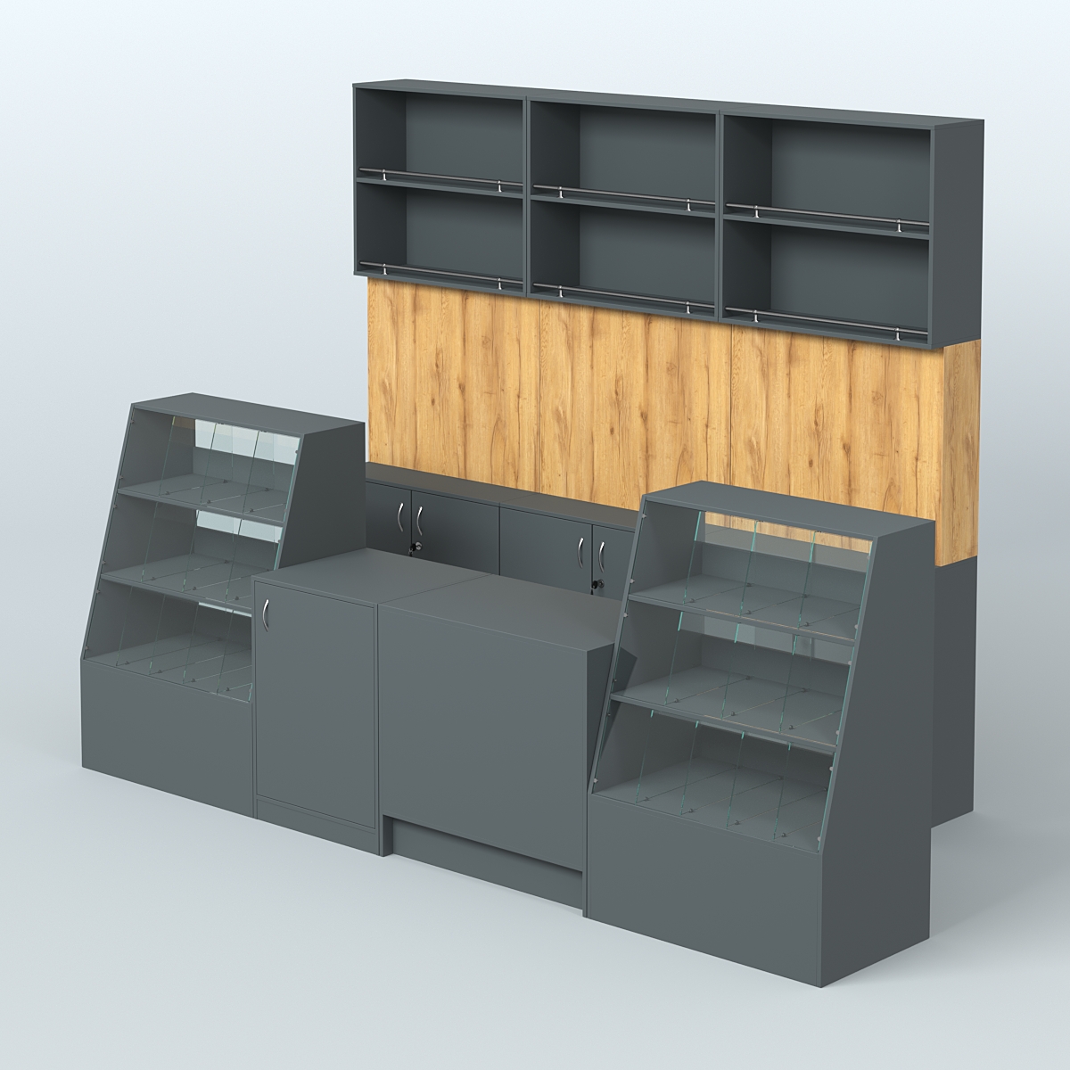 Комплект торговой мебели с высокими стеллажами из ДСП для магазина разливного пива и рыбы BEER&FISH-КТМП-Д02 Темно-Серый  + Дуб Золотистый