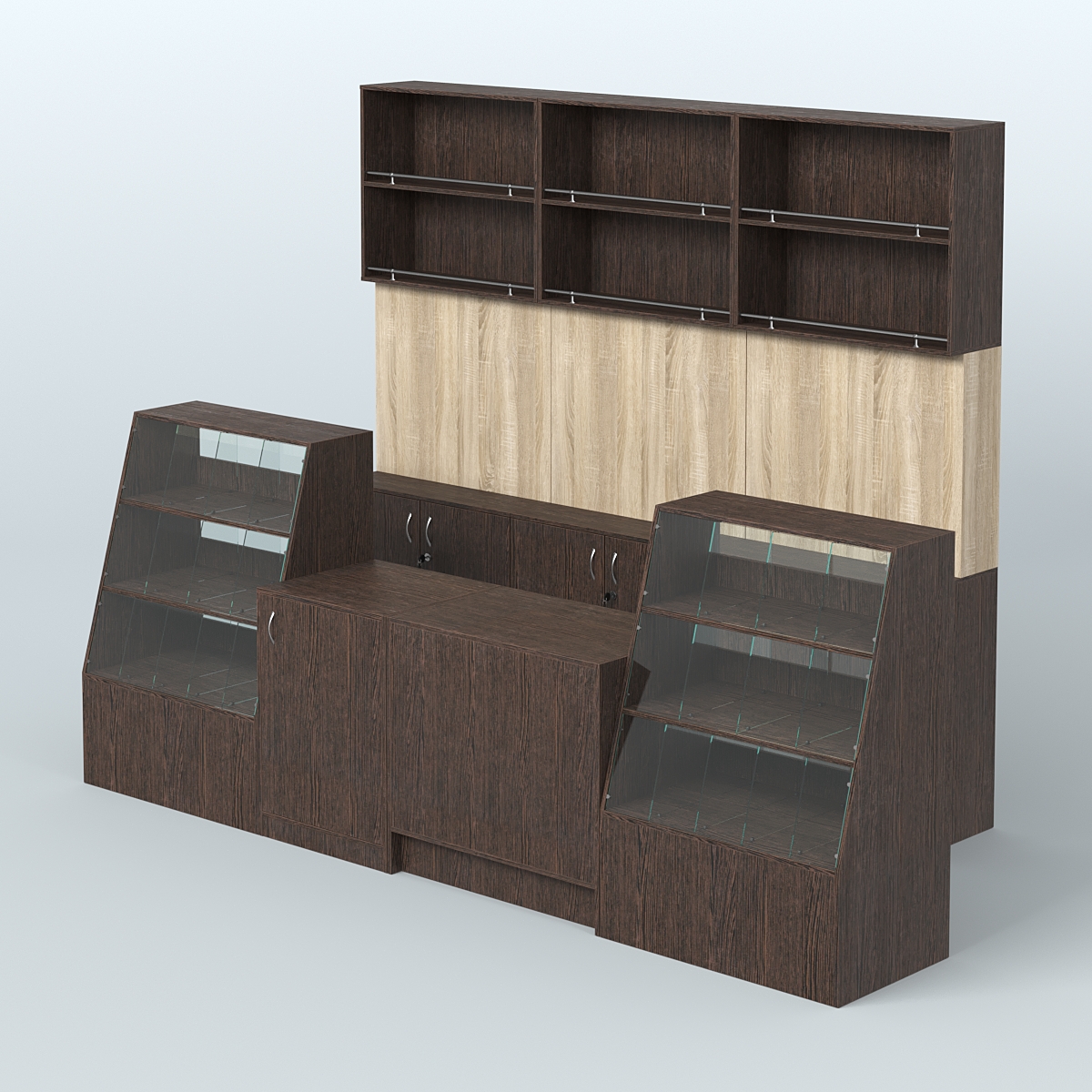 Комплект торговой мебели с высокими стеллажами из ДСП для магазина разливного пива и рыбы BEER&FISH-КТМП-Д02 Дуб Венге + Дуб Сонома