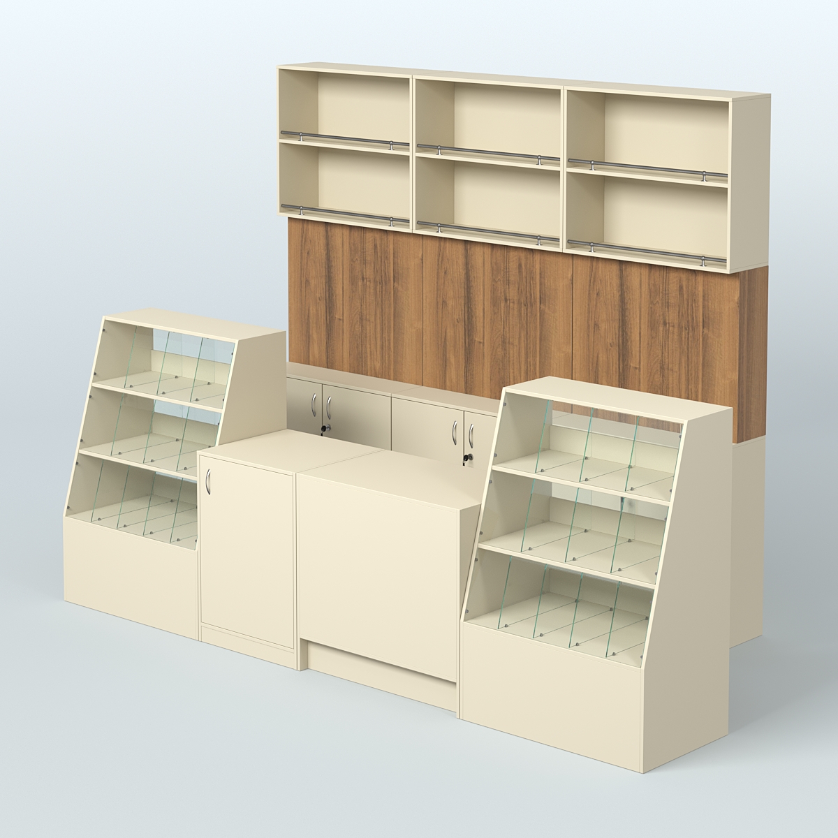 Комплект торговой мебели с высокими стеллажами из ДСП для магазина разливного пива и рыбы BEER&FISH-КТМП-Д02 Крем Вайс + Орех