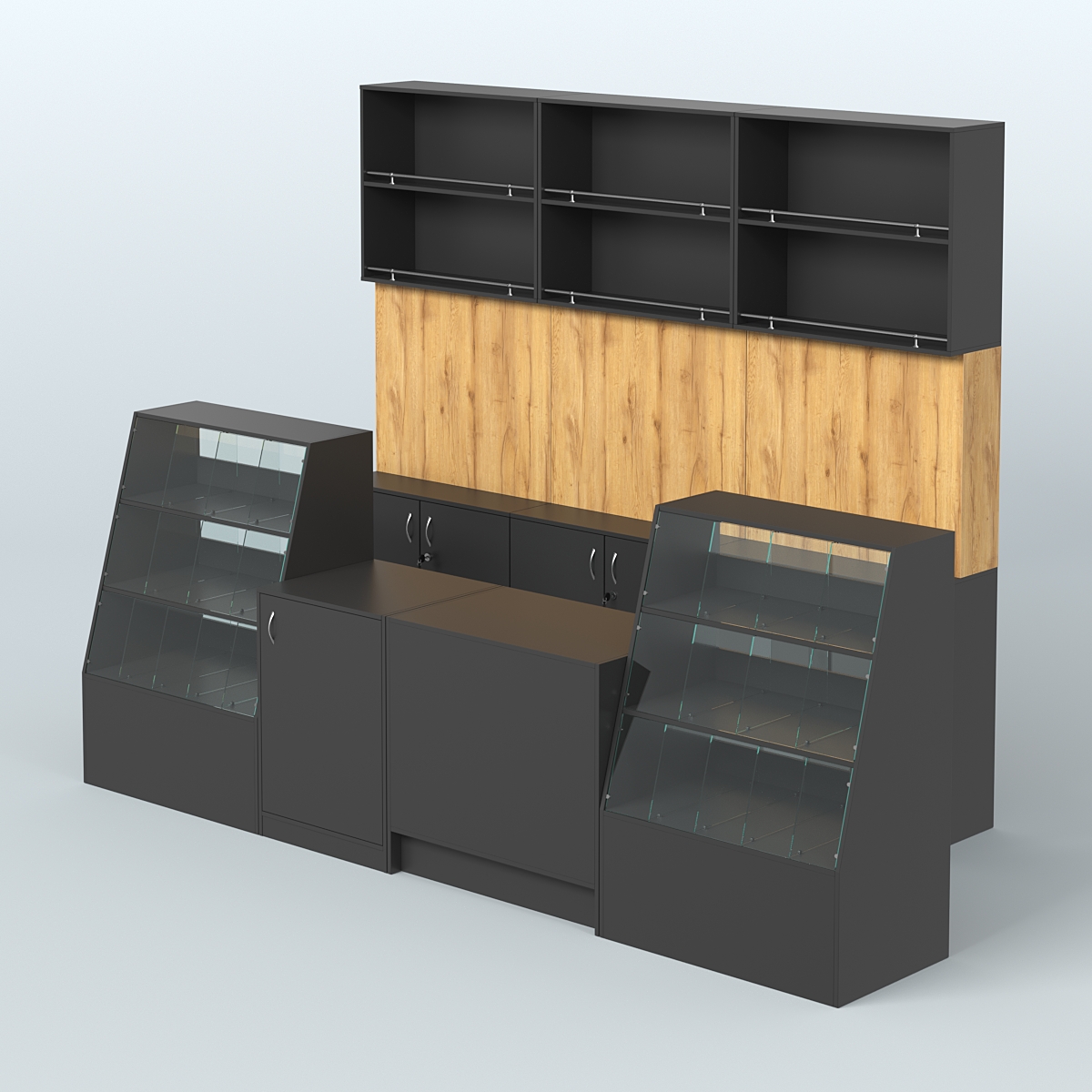 Комплект торговой мебели с высокими стеллажами из ДСП для магазина разливного пива и рыбы BEER&FISH-КТМП-Д02 Черный и Дуб Золотистый 10-U1148