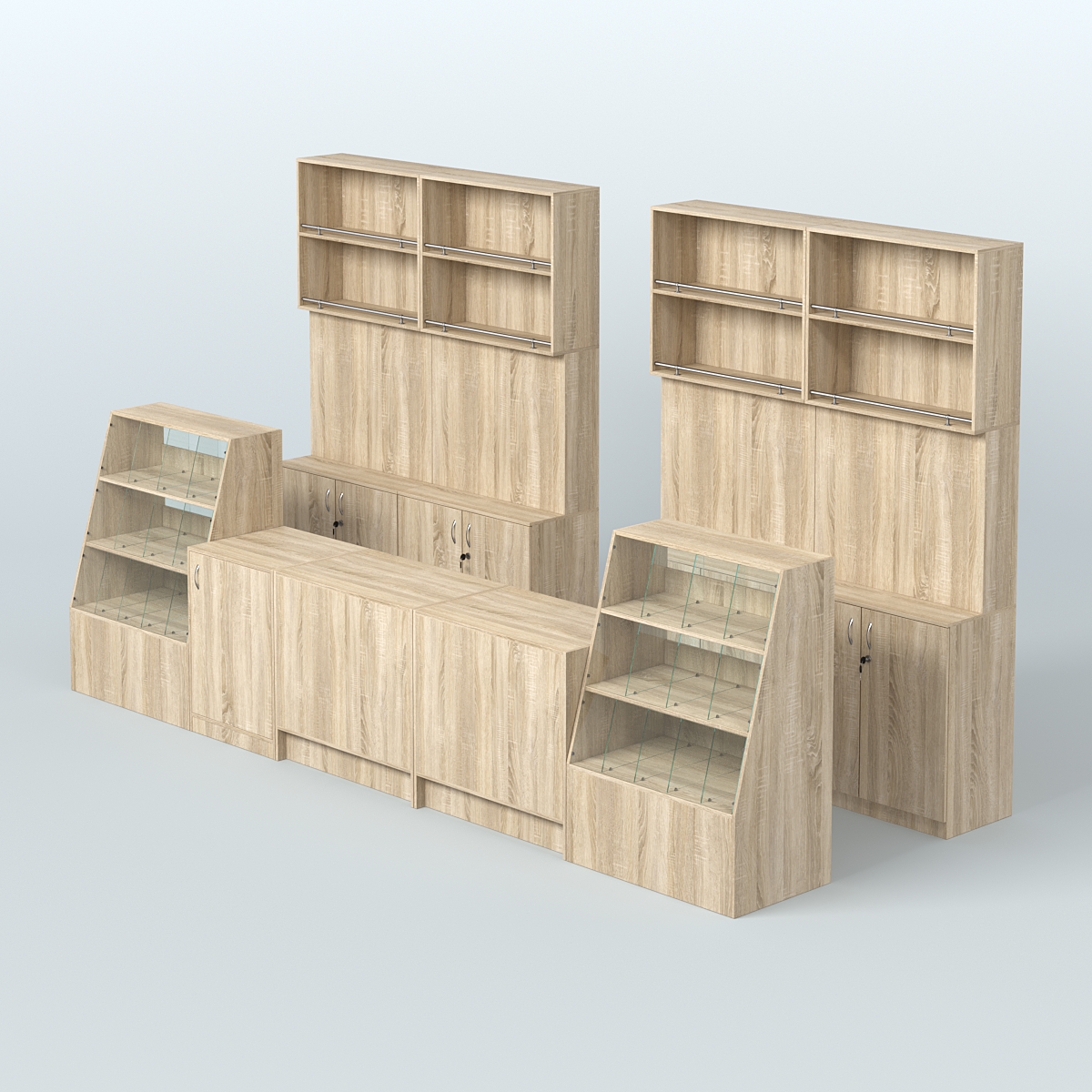 Комплект торговой мебели с прилавками из ДСП для оборудования магазина разливного пива и рыбы BEER&FISH-КТМП-Д03 Дуб сонома