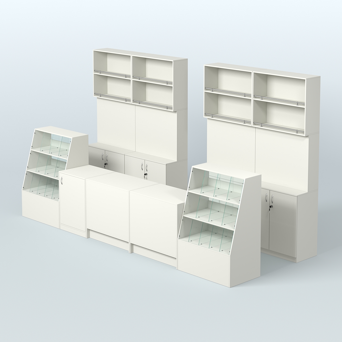 Комплект торговой мебели с прилавками из ДСП для оборудования магазина разливного пива и рыбы BEER&FISH-КТМП-Д03 Белый