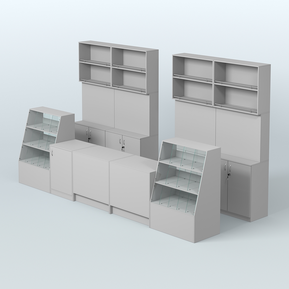 Комплект торговой мебели с прилавками из ДСП для оборудования магазина разливного пива и рыбы BEER&FISH-КТМП-Д03 Серый