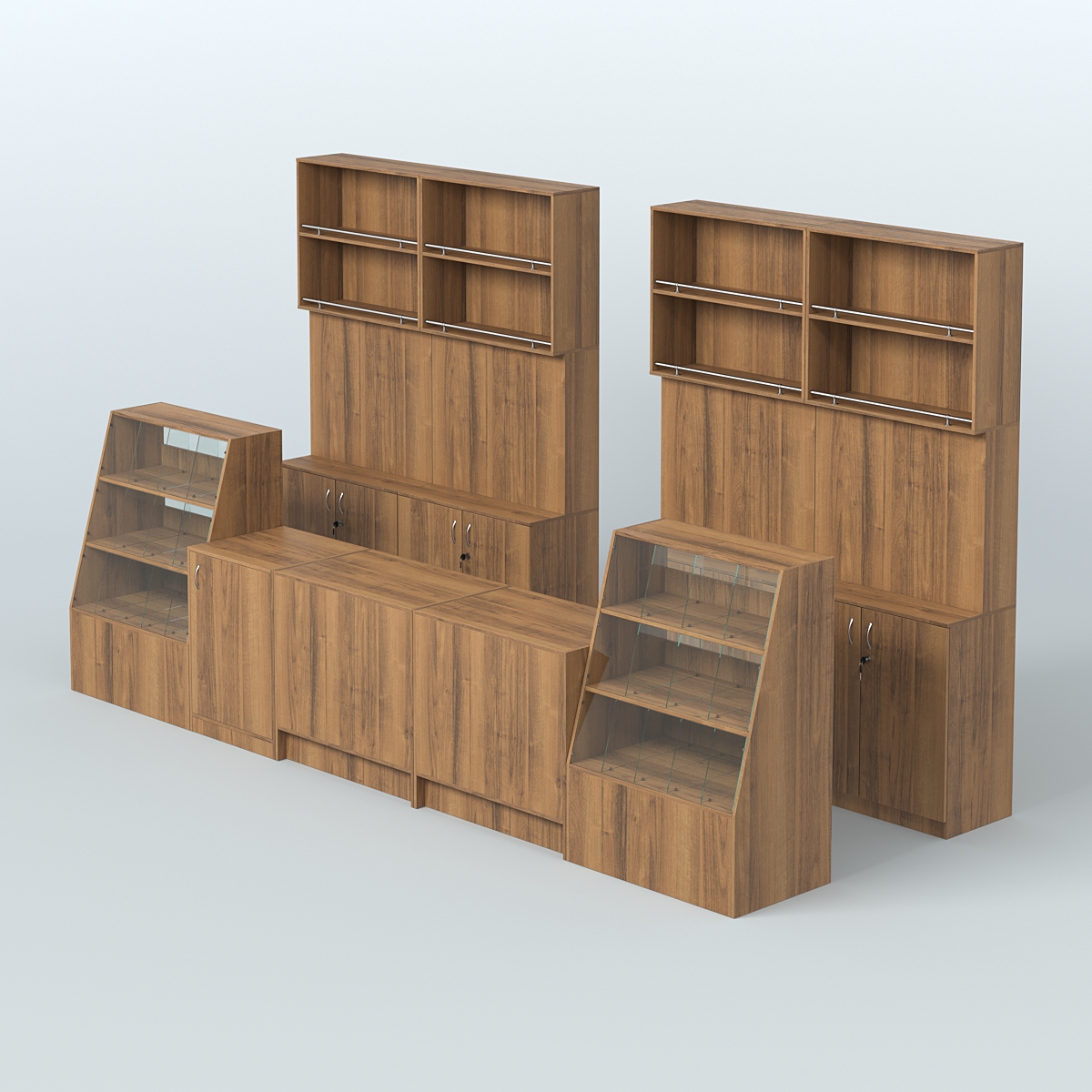 Комплект торговой мебели с прилавками из ДСП для оборудования магазина разливного пива и рыбы BEER&FISH-КТМП-Д03 Орех