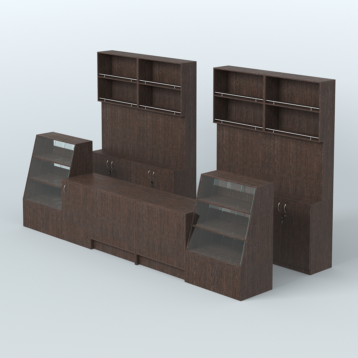 Комплект торговой мебели с прилавками из ДСП для оборудования магазина разливного пива и рыбы BEER&FISH-КТМП-Д03 Дуб Венге