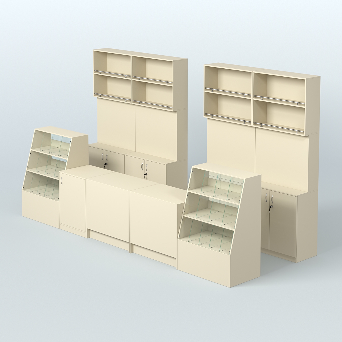 Комплект торговой мебели с прилавками из ДСП для оборудования магазина разливного пива и рыбы BEER&FISH-КТМП-Д03 Крем Вайс