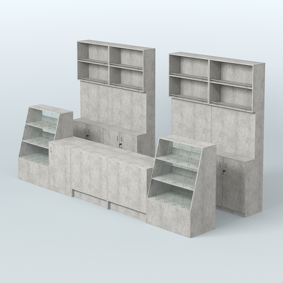 Комплект торговой мебели с прилавками из ДСП для оборудования магазина разливного пива и рыбы BEER&FISH-КТМП-Д03 Метрополитан Грей