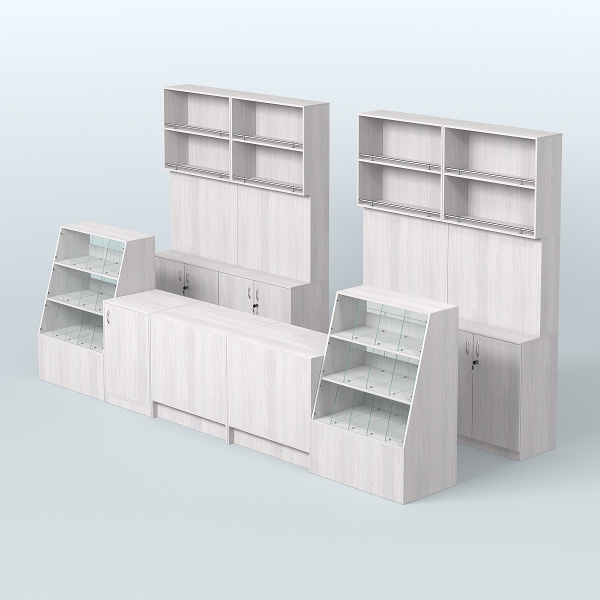 Комплект торговой мебели с прилавками из ДСП для оборудования магазина разливного пива и рыбы BEER&FISH-КТМП-Д03 Ясень Анкор светлый