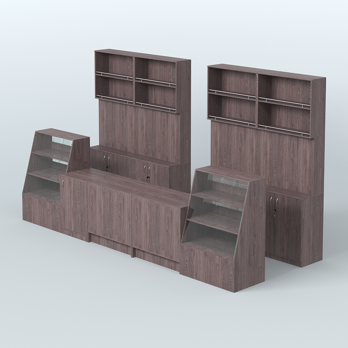 Комплект торговой мебели с прилавками из ДСП для оборудования магазина разливного пива и рыбы BEER&FISH-КТМП-Д03 Ясень Анкор темный