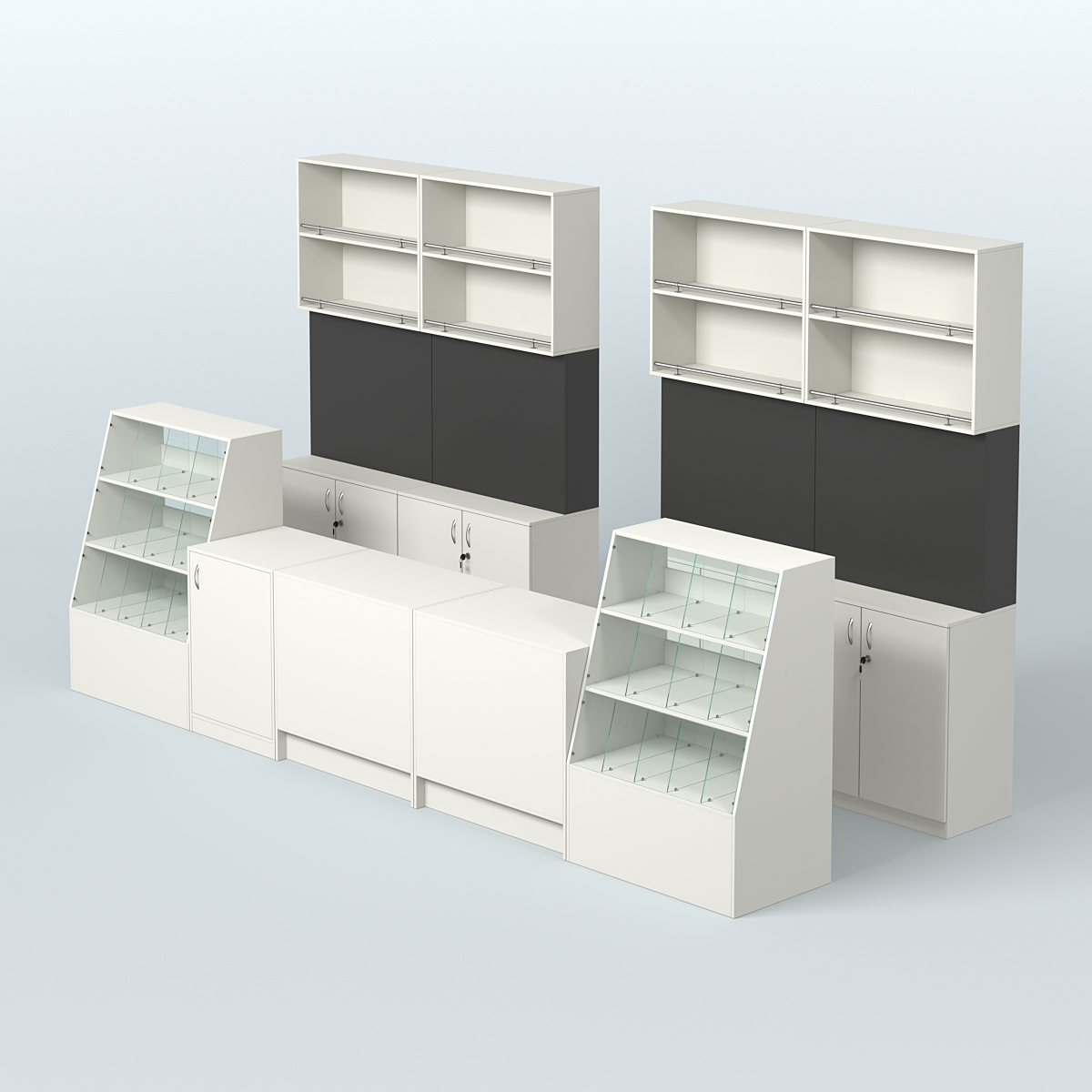 Комплект торговой мебели с прилавками из ДСП для оборудования магазина разливного пива и рыбы BEER&FISH-КТМП-Д03 Белый и Черный