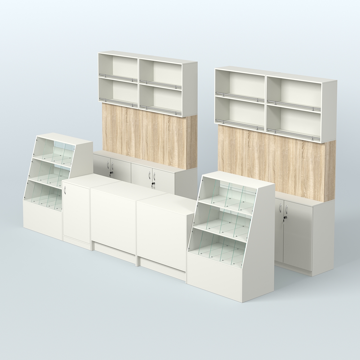 Комплект торговой мебели с прилавками из ДСП для оборудования магазина разливного пива и рыбы BEER&FISH-КТМП-Д03 Белый + Дуб Сонома