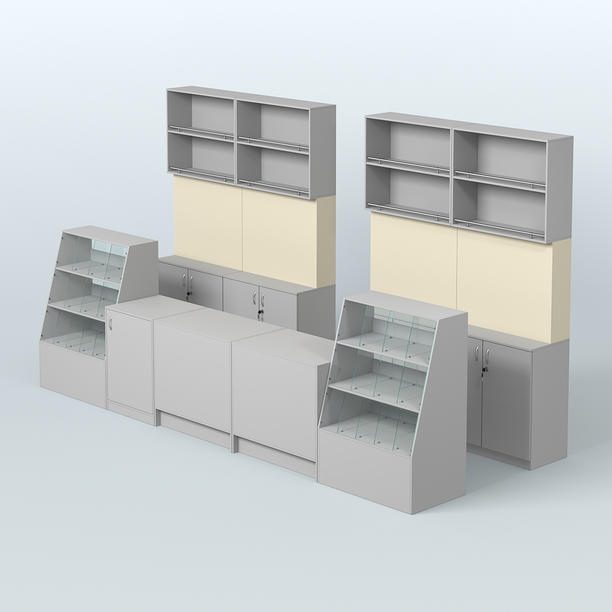 Комплект торговой мебели с прилавками из ДСП для оборудования магазина разливного пива и рыбы BEER&FISH-КТМП-Д03 Серый + Крем Вайс