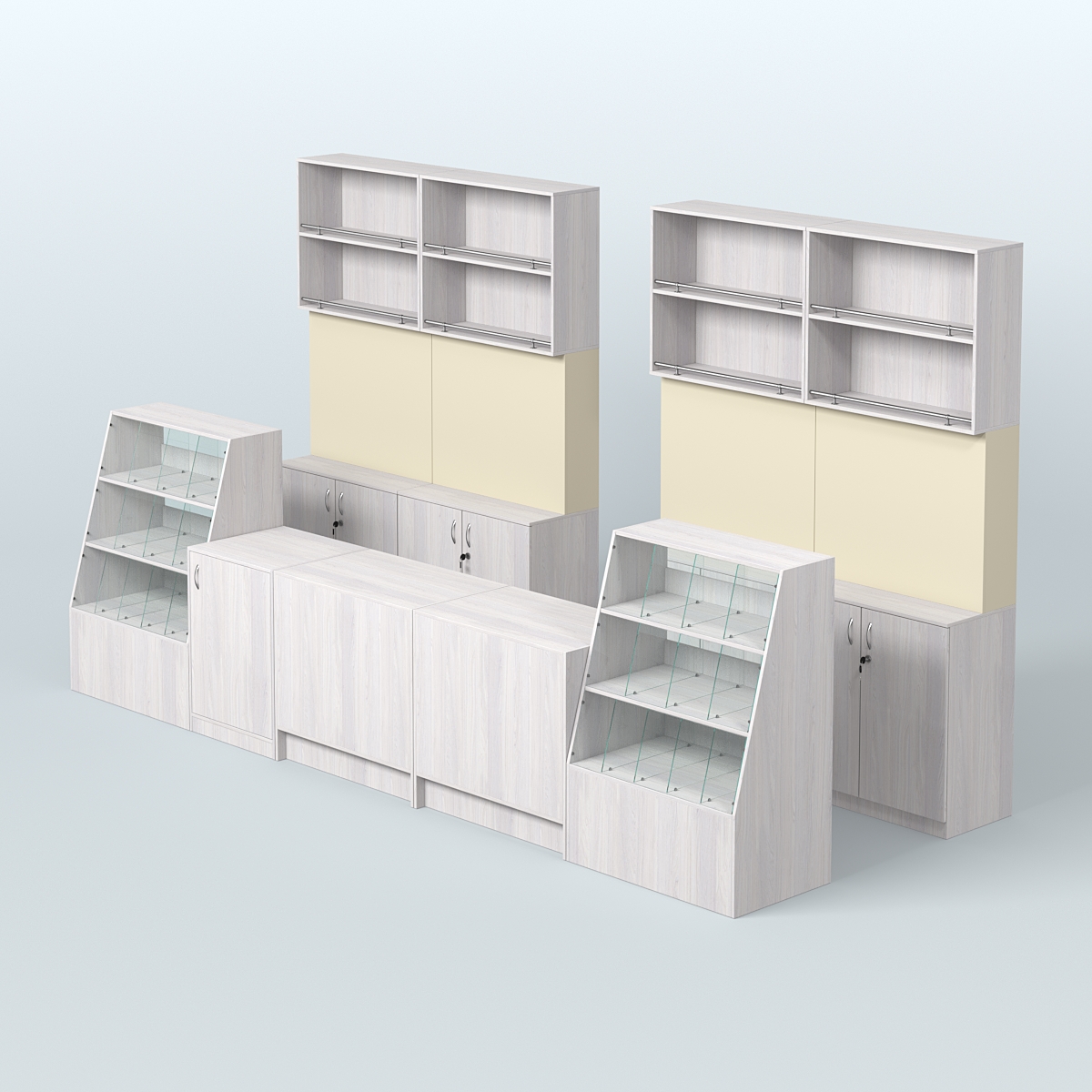 Комплект торговой мебели с прилавками из ДСП для оборудования магазина разливного пива и рыбы BEER&FISH-КТМП-Д03 Ясень Анкор светлый и Крем Вайс