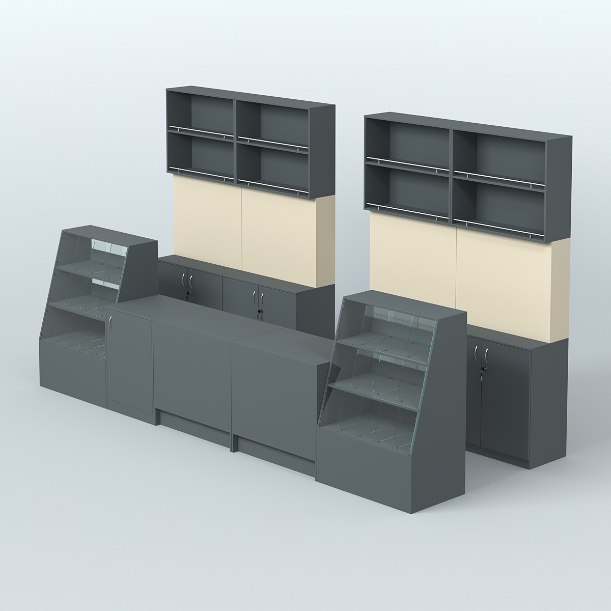 Комплект торговой мебели с прилавками из ДСП для оборудования магазина разливного пива и рыбы BEER&FISH-КТМП-Д03 Темно-серый и Крем Вайс U2601-U2236