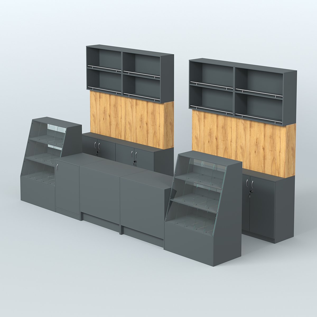 Комплект торговой мебели с прилавками из ДСП для оборудования магазина разливного пива и рыбы BEER&FISH-КТМП-Д03 Темно-Серый  + Дуб Золотистый