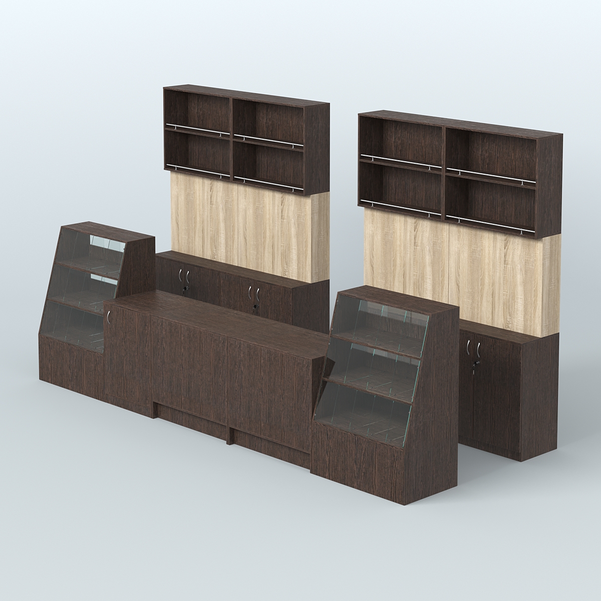 Комплект торговой мебели с прилавками из ДСП для оборудования магазина разливного пива и рыбы BEER&FISH-КТМП-Д03 Дуб Венге + Дуб Сонома