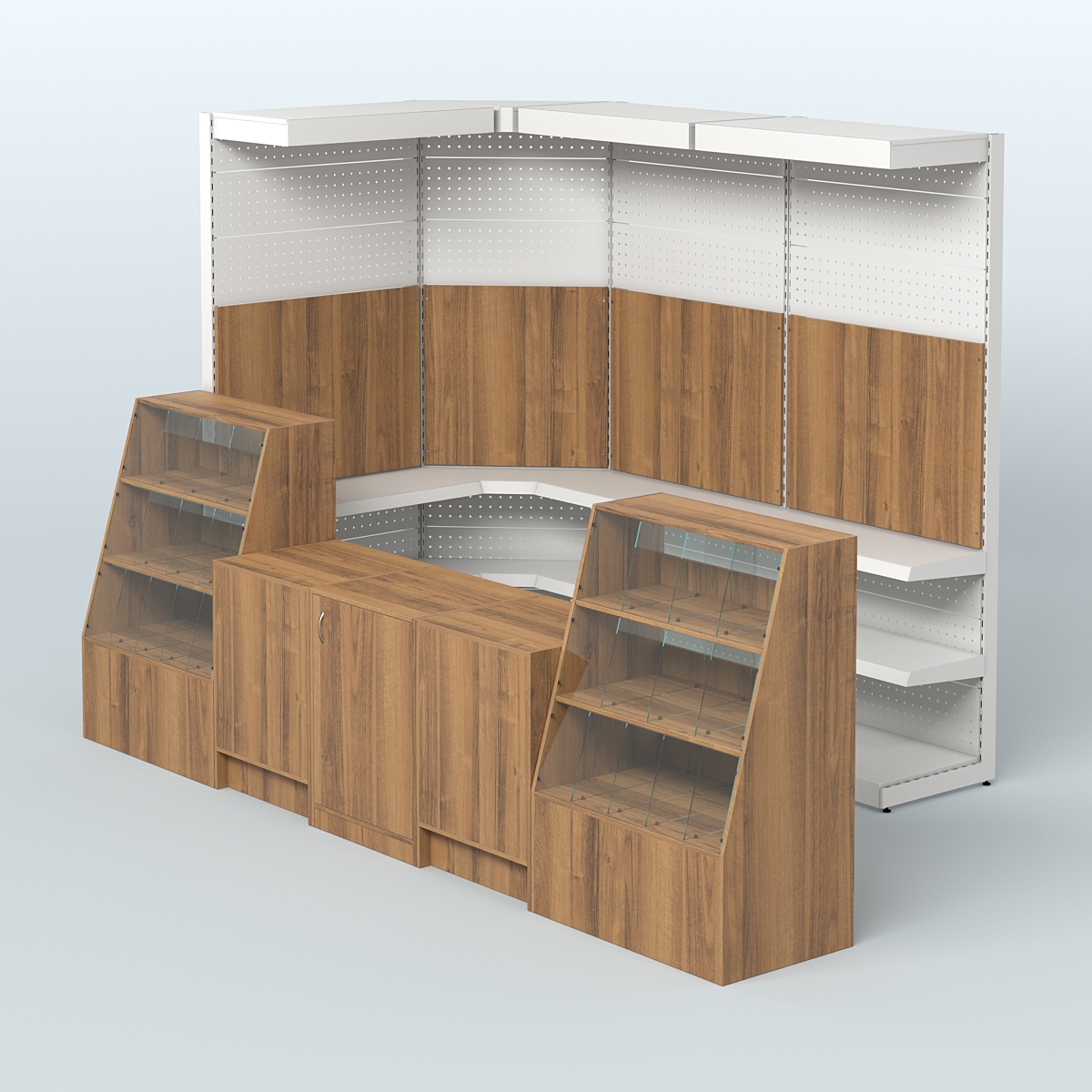 Комплект торговой мебели с металлическими стеллажами для магазина разливного пива и рыбы BEER&FISH-КТМП-М01 Орех