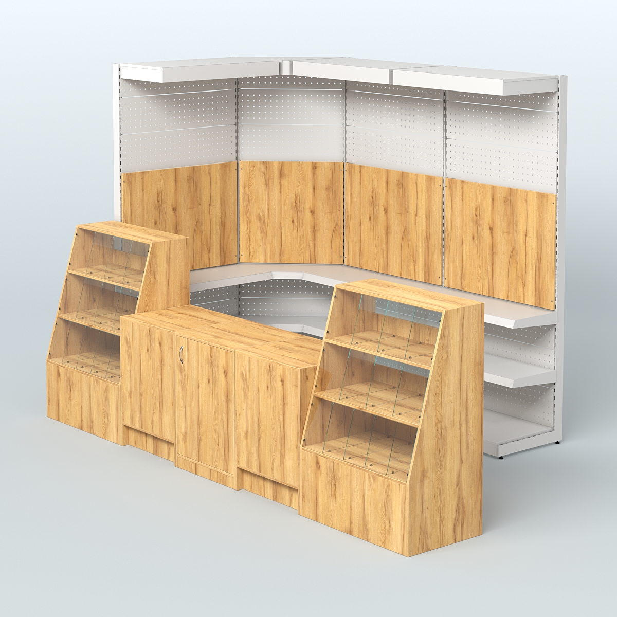 Комплект торговой мебели с металлическими стеллажами для магазина разливного пива и рыбы BEER&FISH-КТМП-М01 Дуб Золотистый