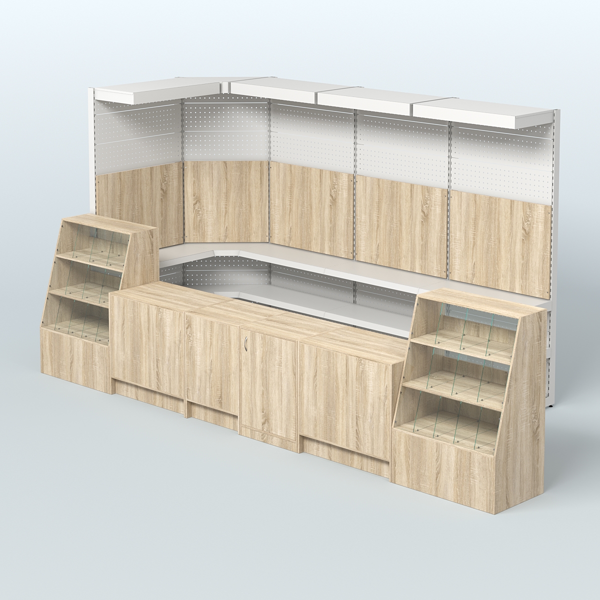 Комплект торговой мебели с врезными кранами для большого магазина разливного пива и рыбы BEER&FISH-КТМП-М02 Дуб сонома