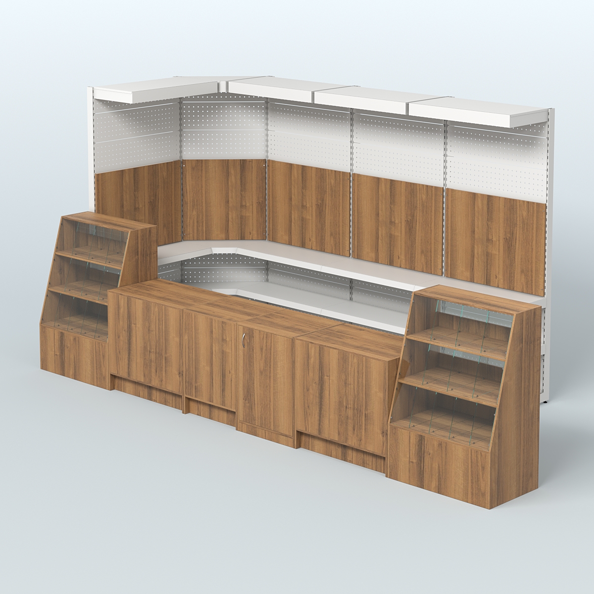 Комплект торговой мебели с врезными кранами для большого магазина разливного пива и рыбы BEER&FISH-КТМП-М02 Орех