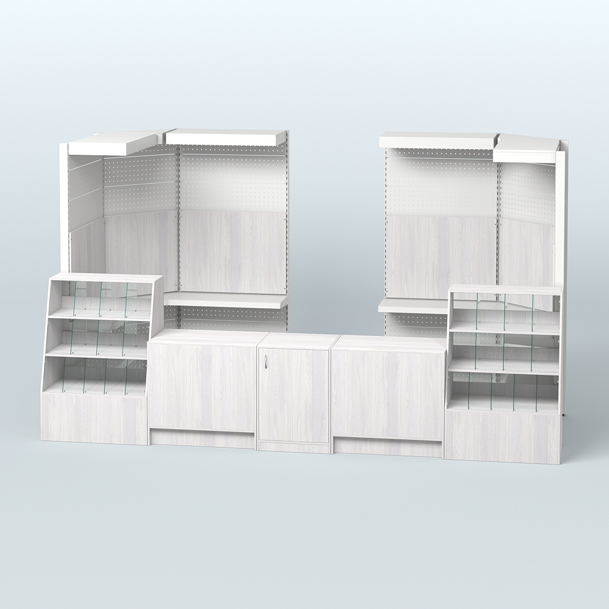 Комплект торговой мебели пристенный в магазин разливного пива и рыбы BEER&FISH-КТМП-М03 Ясень Анкор светлый